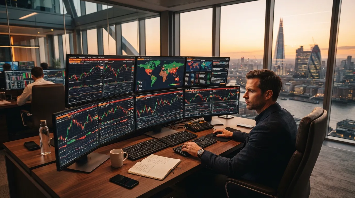 A wide-angle shot of a multi-monitor trading desk showing market data