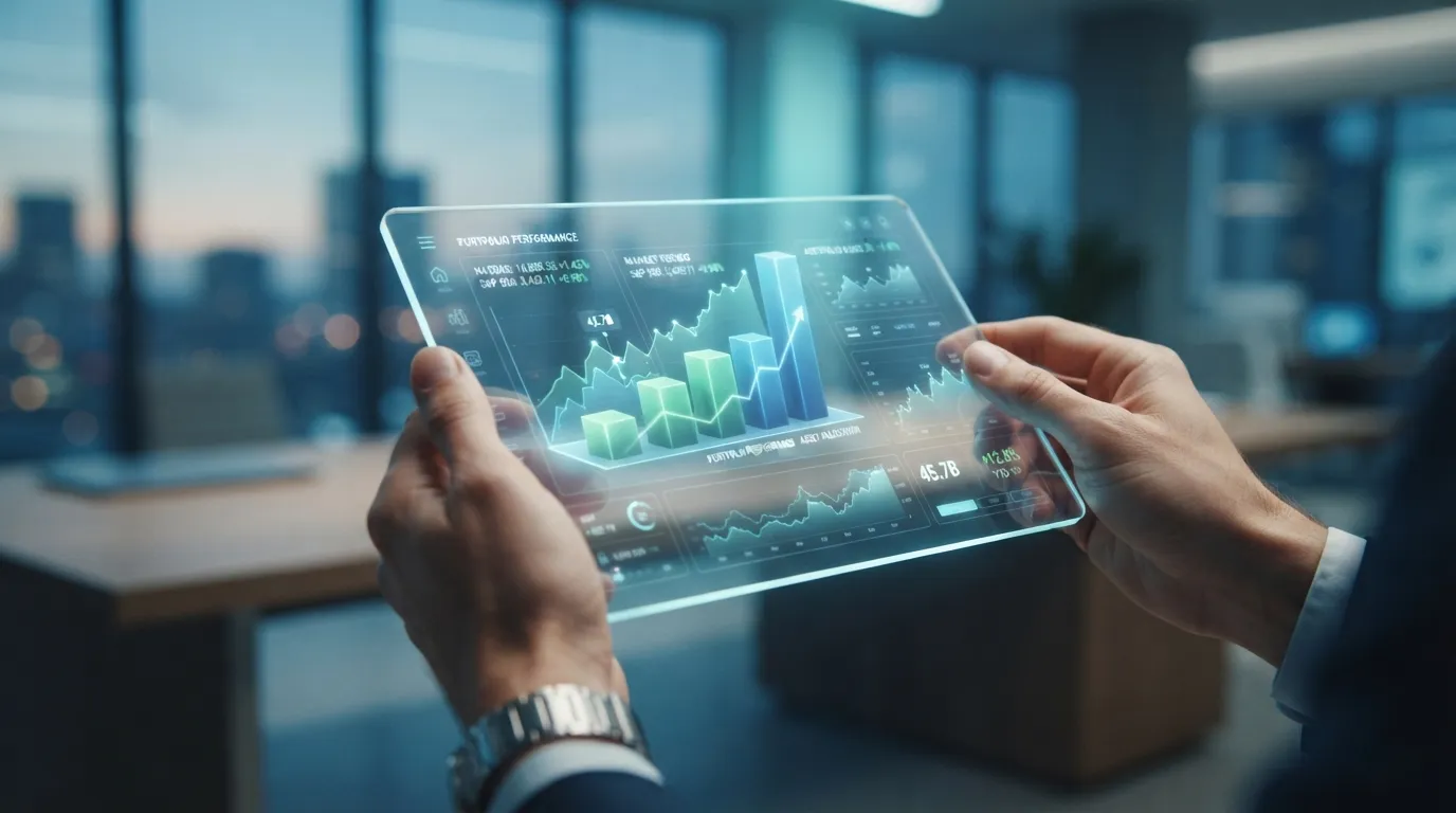 A pair of professional hands holding a transparent tablet showing portfolio performance