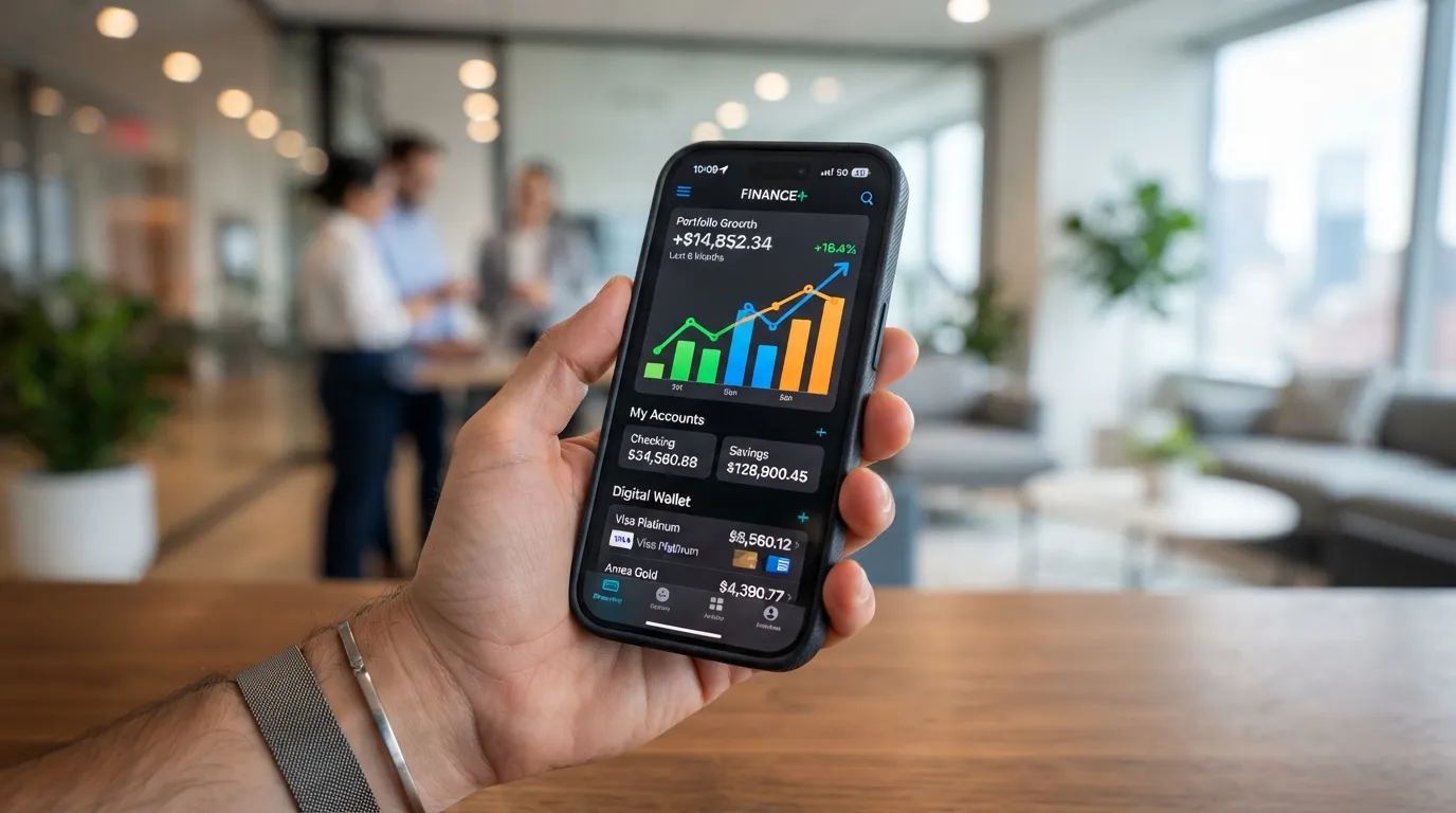 A close-up of a smartphone displaying a finance app with portfolio growth
